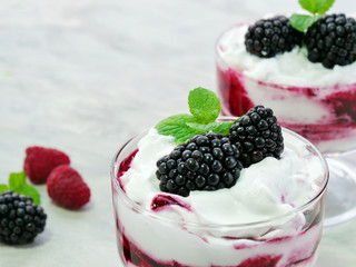 Berry fruit fool dessert in glass bowl. Sweetened and pureed blackberries folded into whipped cream topped with whole blackberries.