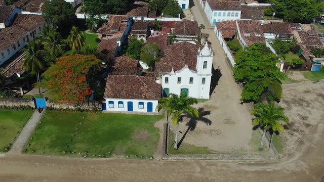 Church, Cathedral (Paraty, Brazil) Colonial architecture, aerial view, drone footage