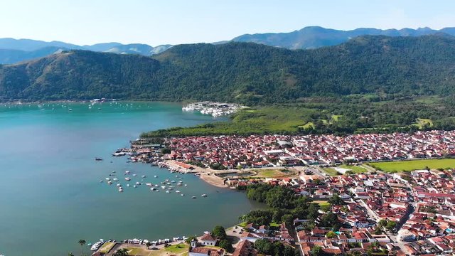 Gulf Ilha Grande, Atlantic ocean, hills (Paraty, Brazil) aerial view, drone footage