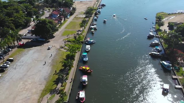 Paraty, Brazil, canal, boats, aerial view, drone footage