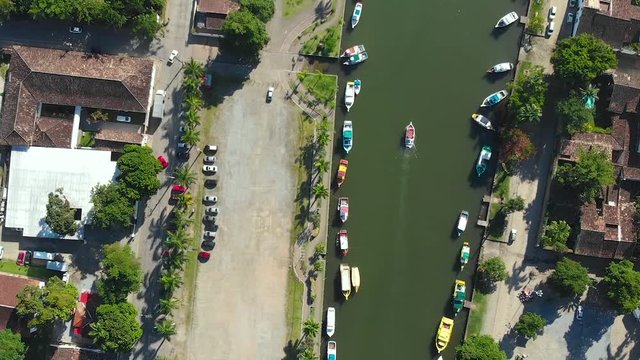 Paraty, Brazil, canal, boats, aerial view, drone footage