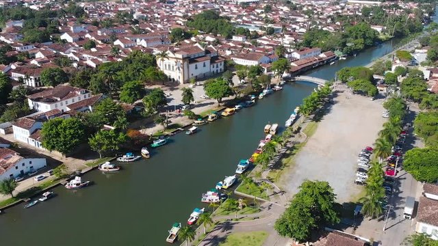 Paraty, Brazil, canal, boats, colonial town, aerial view, drone footage
