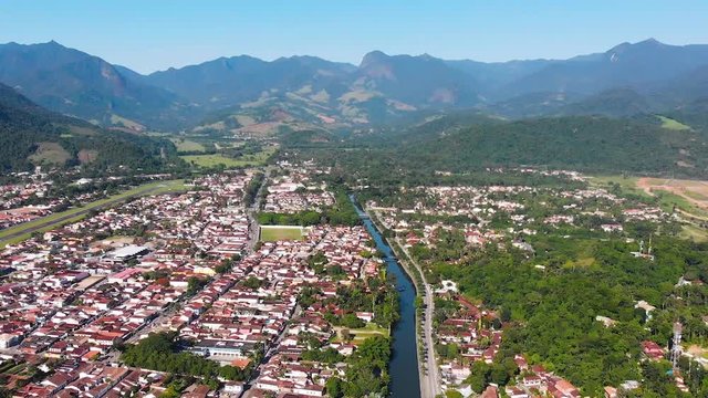 Paraty, Brazil, canal, hills, colonial town, aerial view, drone footage