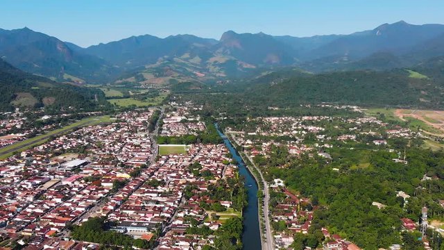 Paraty, Brazil, canal, hills, colonial town, aerial view, drone footage