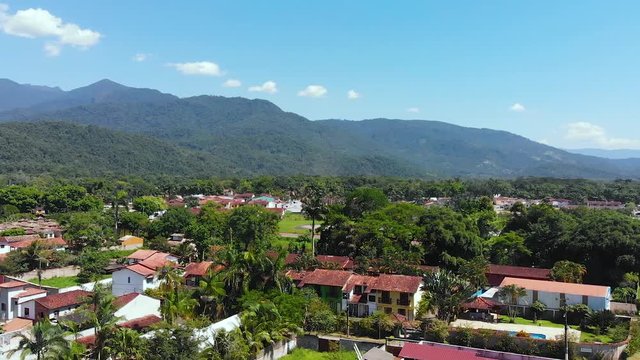 Colonial town, hills (Paraty, Brazil) aerial view, drone footage