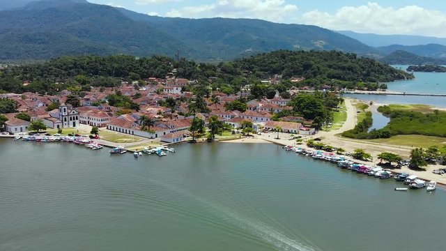 Colonial town, hills (Paraty, Brazil) aerial view, drone footage