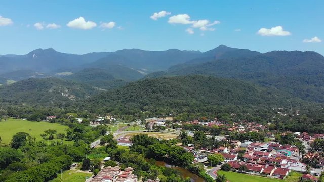 Colonial town, hills (Paraty, Brazil) aerial view, drone footage