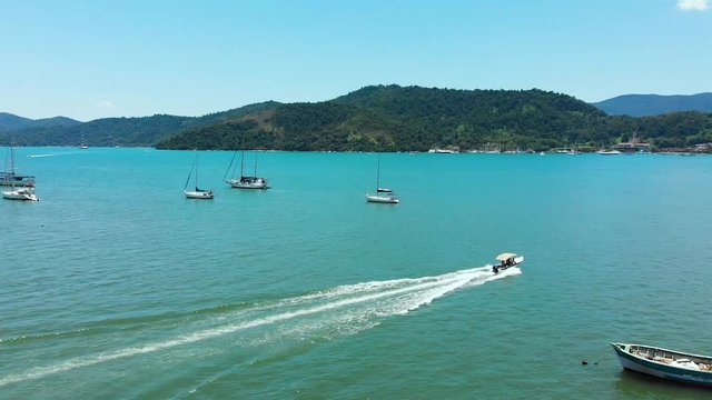 Boats, yachts, Gulf Ilha Grande, Atlantic ocean (Paraty, Brazil) aerial view, drone footage