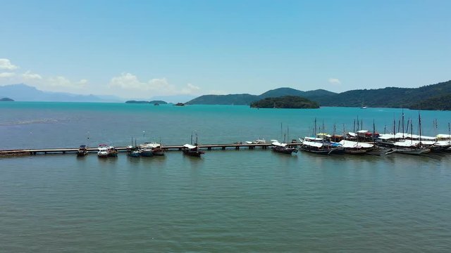Boats, yachts, Gulf Ilha Grande, Atlantic ocean (Paraty, Brazil) aerial view, drone footage