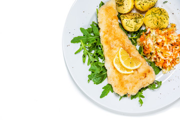 Fish dish - fried fish fillet boiled potatoes and vegetables