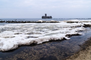 Gdynia Babie Doły, Poland: post-German torpedo station (polish name torpedownia) in the Baltic Sea during the Second World War in winter scenery