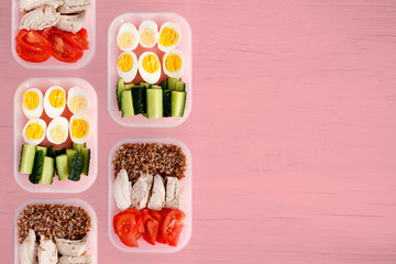Healthy fitness food for the whole day. Multiple portions in containers