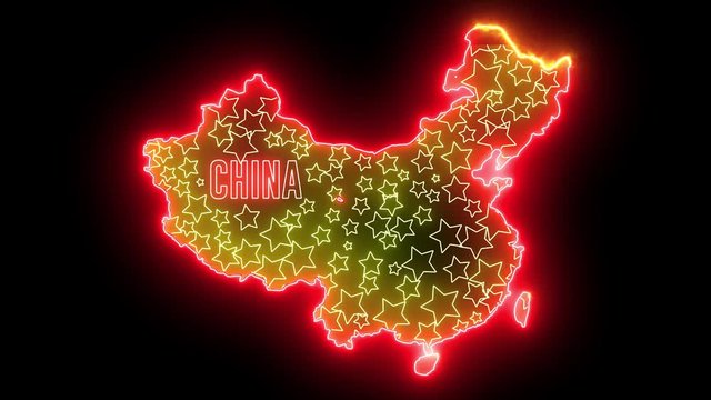 China map outline with neon light. Creative animation Chinese country with beautiful bulb.