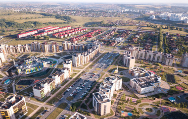 Fototapeta premium City downtown horizon in sunny morning, aerial view.