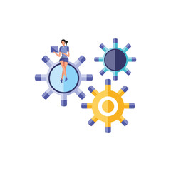 business woman sitting in gears pinions with laptop