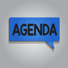 Word writing text Agenda. Business concept for To do list of items be discussed at formal important meeting.
