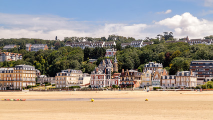 Panoramic view of Trouville coastline with typical norman architecture luxury buildings along the...