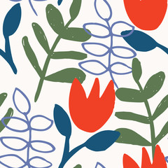 Abstract seamless pattern with floral and botanical shapes in blue, red and green on white background.