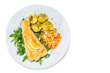 Fish dish - fried fish fillet boiled potatoes and vegetables