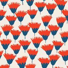 Hand painted seamless pattern with carnation flowers in red and blue on cream background.  - 282927805
