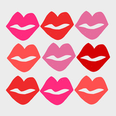 Modern design with hand painted lips in red and pink on white background.