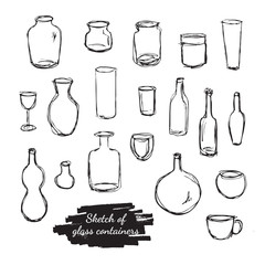 Drawing glass containers set isolated on the white background. Free hand glass jars and bottles sketch.