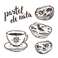 Drawing portuguese pastel de nata. Hand drawn sketch national dessert of Portugal with coffee