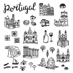 Drawing cities, buildings, landmarks of Portugal isolated on the white background. Sketch collection of Portuguese national cultural objects, places and food.