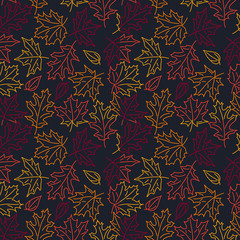 Autumn seamless patern, contours bright leaves, dark blue background