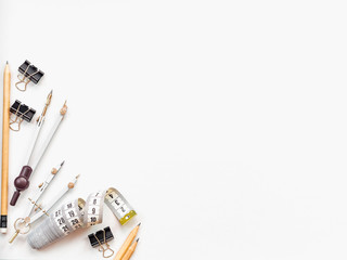 Items for drawing and sketching on a white background. Place for your text.