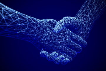 Information technology in business, digital deal or online commerce: digital handshake. Artificial intelligence or global communication. Abstract technology background. EPS 10, vector illustration.