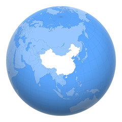 China on the globe. Earth centered at the location of the People's Republic of China (PRC). Map of China. Includes layer with capital cities.