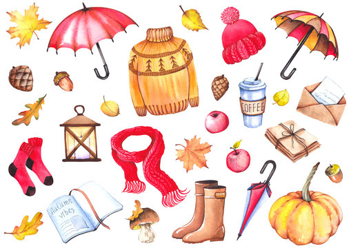 Autumn set with colorful umbrellas, sweater, knitwear clothing, coffee cup, letters, lantern, rubber boots, apples, mushroom, pumpkin and leaves. Watercolor isolated on white background.