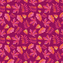 Seamless background of beautiful autumn leaves watercolor on pink, crimson background. Rowan, oak, maple, birch, Linden. Decoration for autumn design. 
