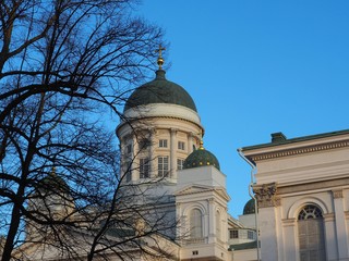 dome of cathedral in Helsinki Finland with a blue sky