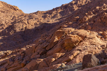 Obraz premium Egypt. Mount Sinai in the morning at sunrise. (Mount Horeb, Gabal Musa, Moses Mount). Pilgrimage place and famous touristic destination.