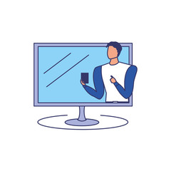 business man elegant using smartphone in computer monitor