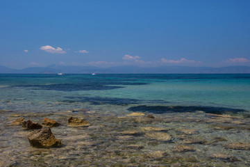 The clear and blue waters of Mediterranean sea in the Saronic gulf, Greece.