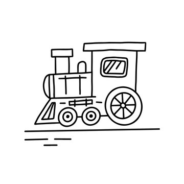 Illustration of doodle train. Hand drawn cartoon doodle style. Brush strokes simple locomotive graphic design. Vector illustration, isolated.