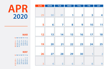 April 2020 Calendar Planner - vector illustration. Template. Mock up.