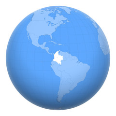 Colombia on the globe. Earth centered at the location of the Republic of Colombia. Map of Colombia. Includes layer with capital cities.
