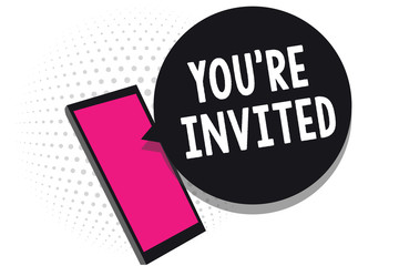 Text sign showing You re are Invited. Conceptual photo Please join us in our celebration Welcome Be a guest Cell phone receiving text messages chats information using applications