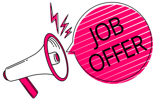 Text sign showing Job Offer. Conceptual photo A peron or company that gives opurtunity for one's employment Megaphone loudspeaker pink speech bubble stripes important loud message