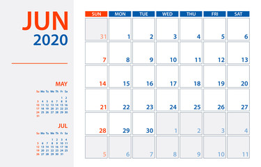 June 2020 Calendar Planner - vector illustration. Template. Mock up.