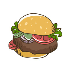 Burger with salad beef tomato pickle cartoon vector. Cartoon burger. Fast food vector.