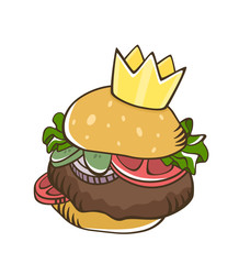 Burger with crown salad beef tomato pickle cartoon vector. Cartoon burger. Fast food vector