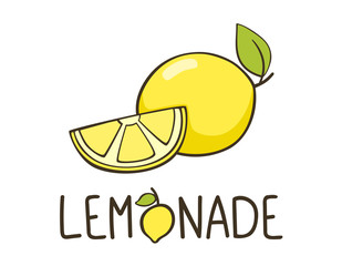 Lemonade logo with lemon and lemon slice. Lettering typography. Fresh drink logo. Hand lettering. Good for badge, print, banner. Vector.