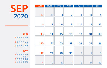 September 2020 Calendar Planner - vector illustration. Template. Mock up.