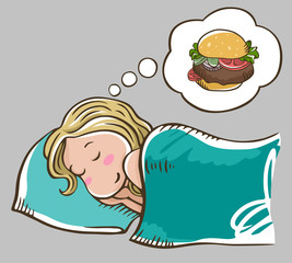 Sleeping blonde girl on a pillow dreaming about burger. Isolated on grey background. Burger dream. Girl on a diet.