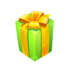 Vector gift green box with yellow ribbon bow. Vector present Icon. Yellow ribbon.